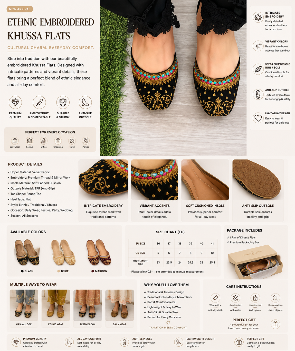 Ethnic embroidered khussa flats for women