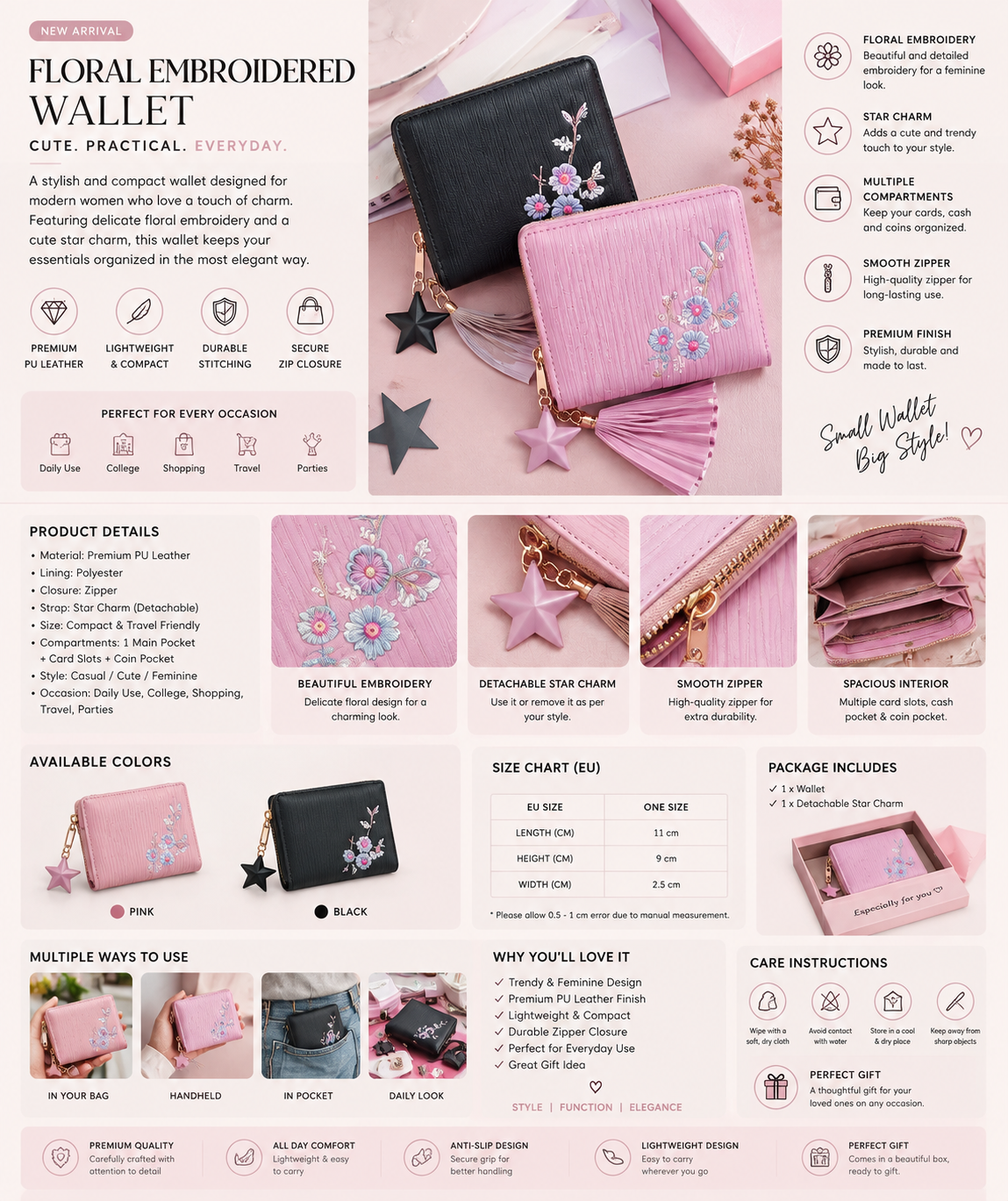Floral Embroidered Wallet for Women