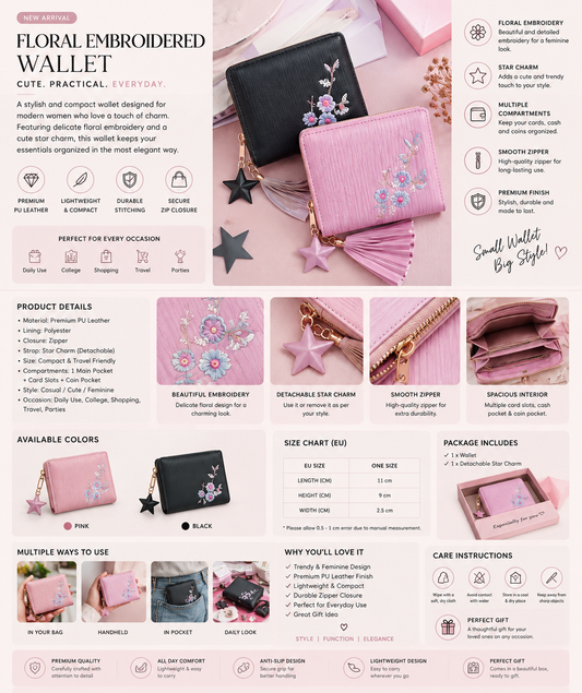 Floral Embroidered Wallet for Women