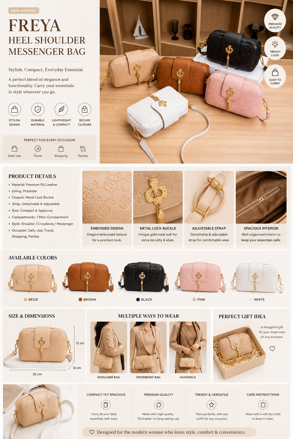 Freya heel shoulder messenger bag for women in multiple colors