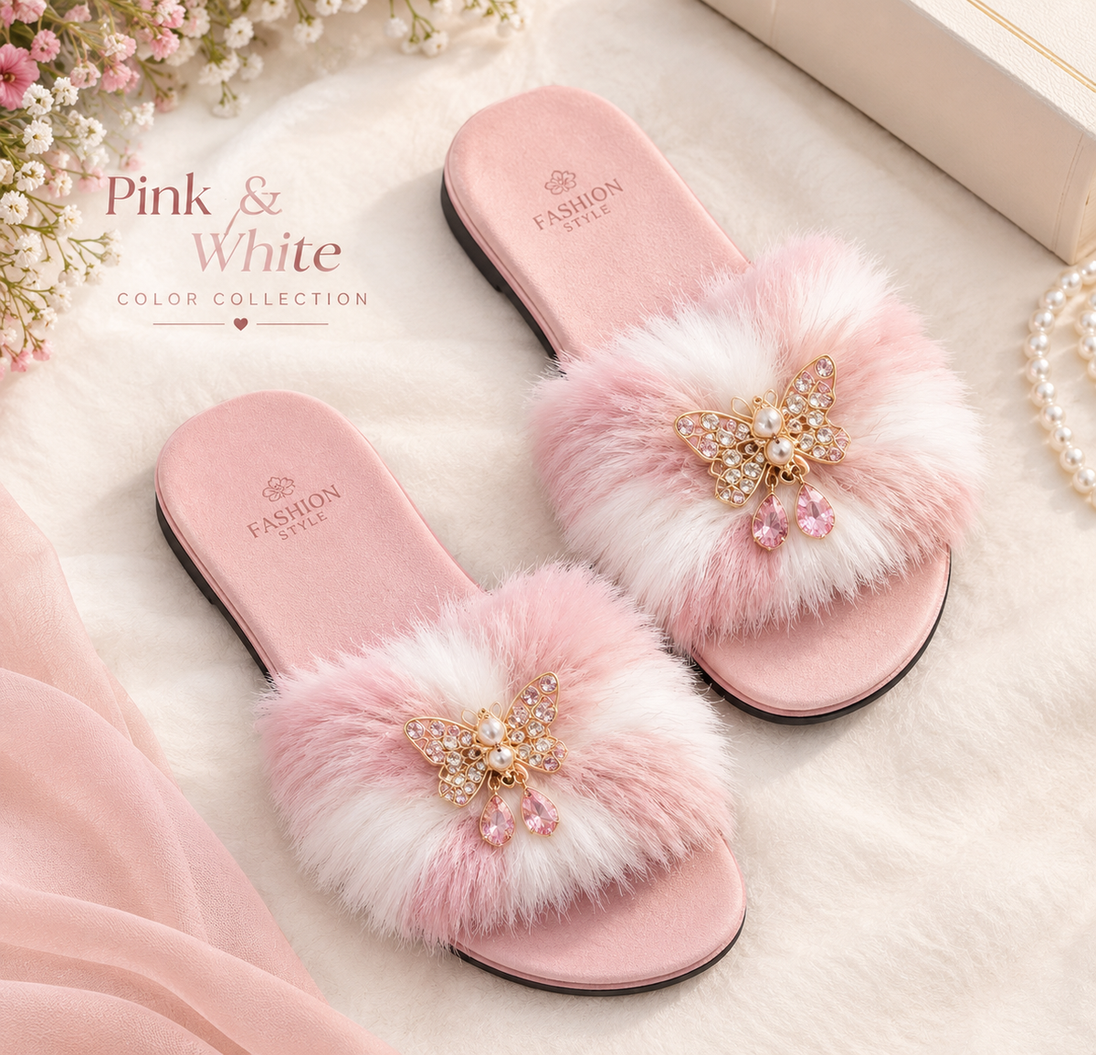 Pink fur slide slippers for women
